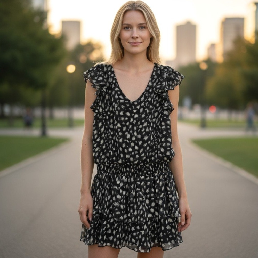 1. STATE Sz‎ S Ruffle Sleeve Mini Dress Smocked Drop Waist Black White Print